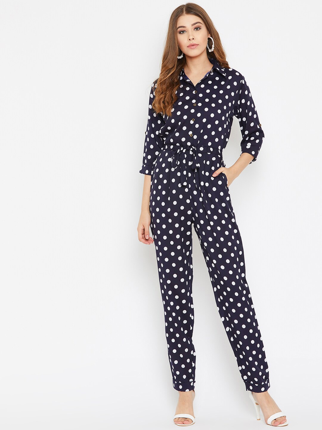 

Uptownie Lite Polka Dots Printed Basic Jumpsuit, Navy blue