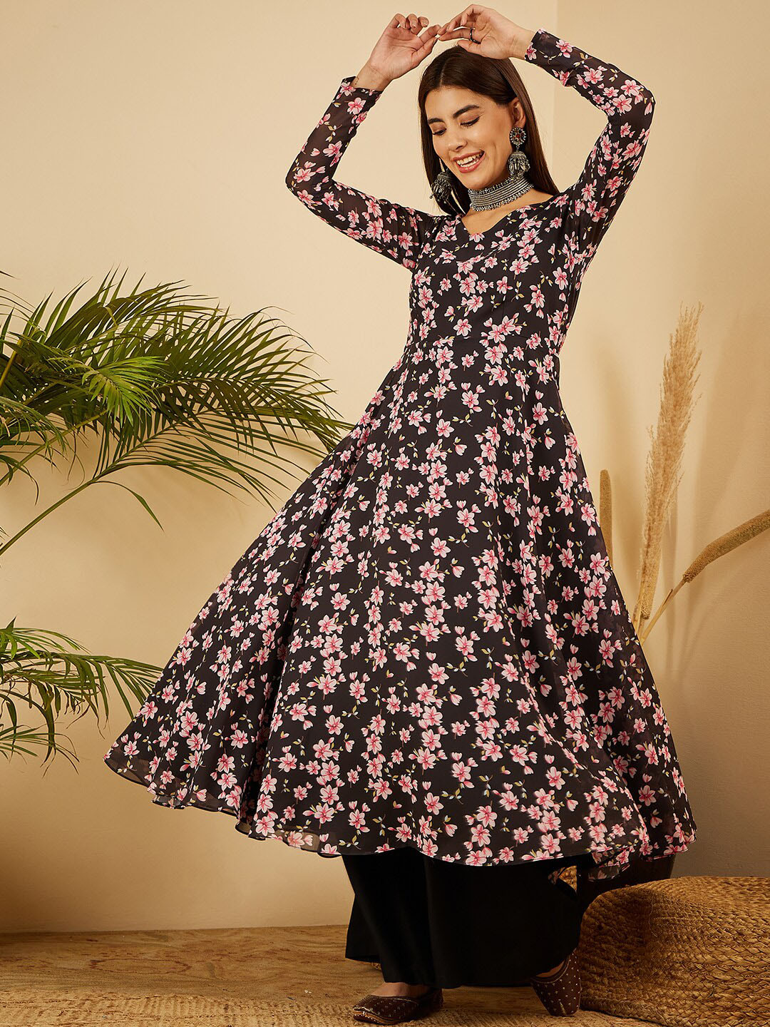 

BLACK SCISSOR Floral Printed V-Neck Georgette Fit & Flared Ethnic Dresses
