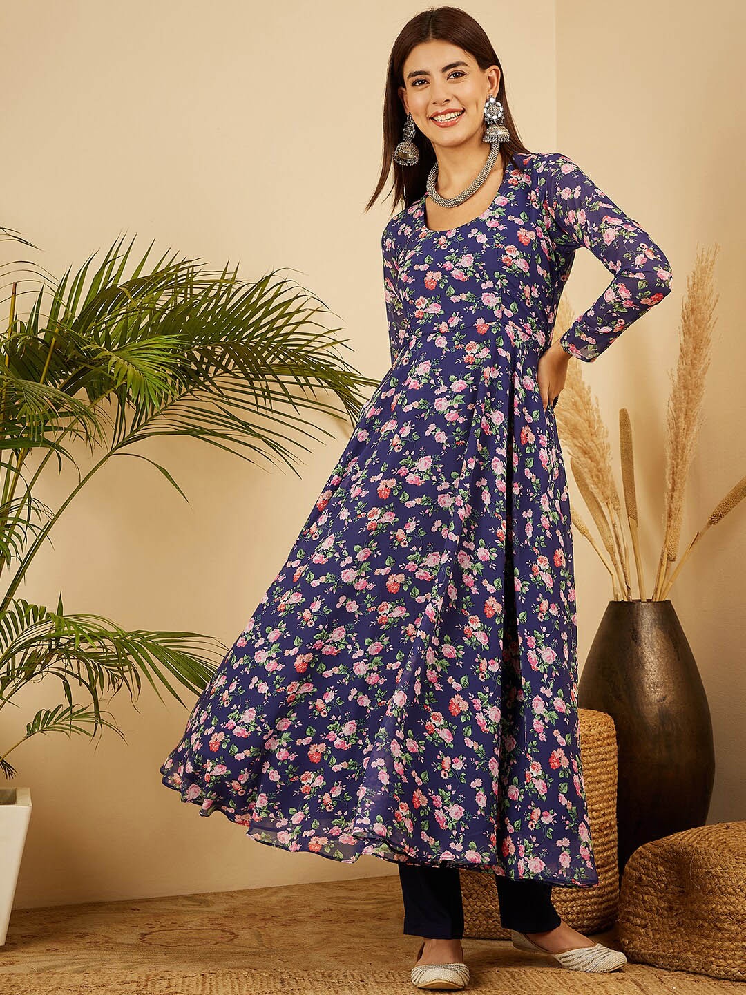 

BLACK SCISSOR Floral Printed Georgette A-Line Kurta, Navy blue