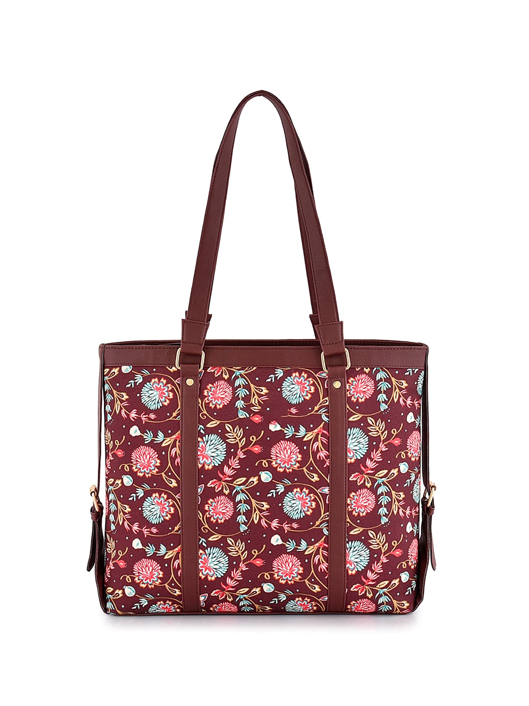 

Anouk Brown & Blue Floral Printed Canvas Structured Tote Bag