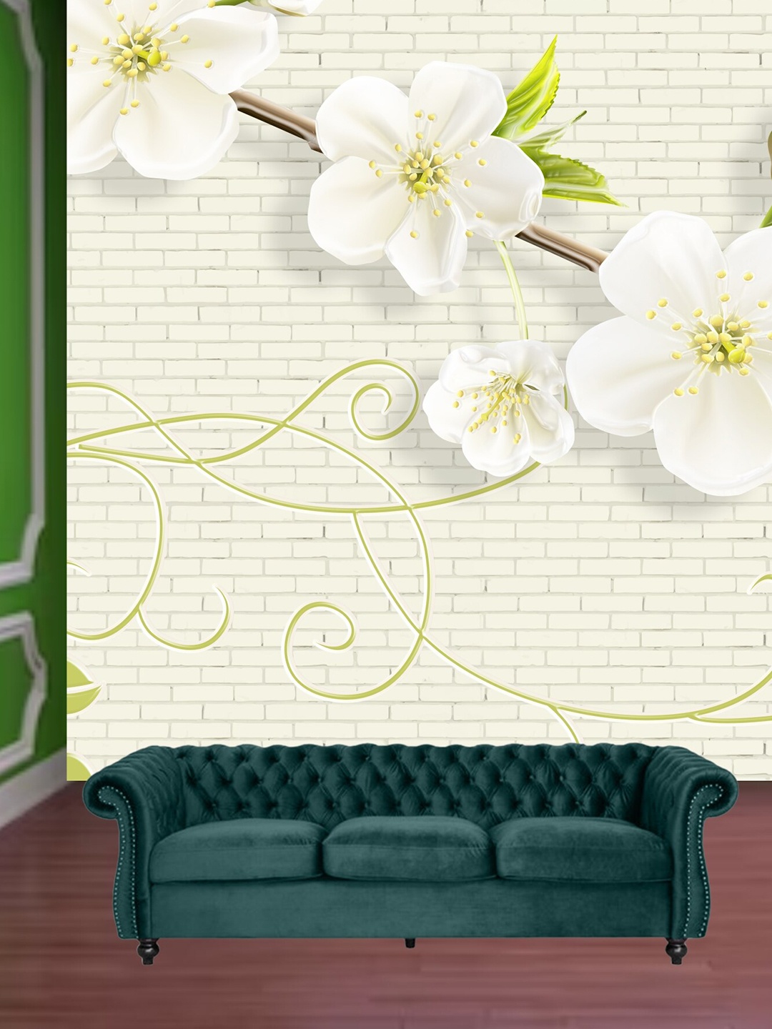 

KSHIRSA White & Green Floral Printed Self-Adhesive Wallpaper