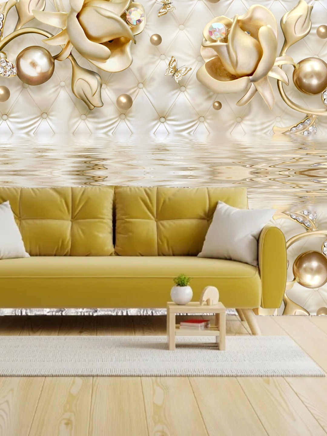 

KSHIRSA White Floral Printed Self-Adhesive Wallpaper, Gold
