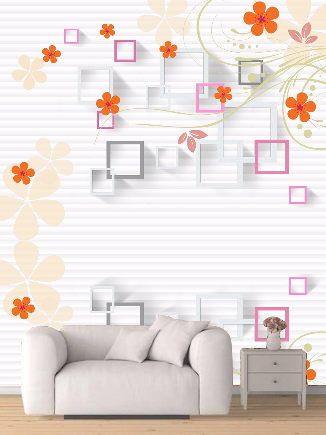 KSHIRSA White & Orange Floral Printed Self Adhesive Wallpaper