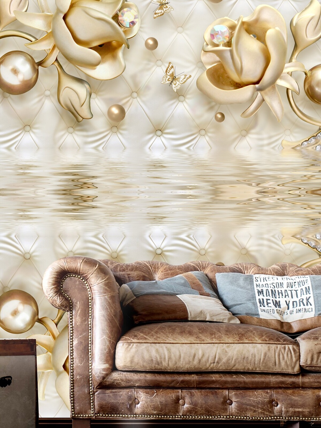 

KSHIRSA Off-White Floral Printed Self Adhesive Wallpaper, Gold