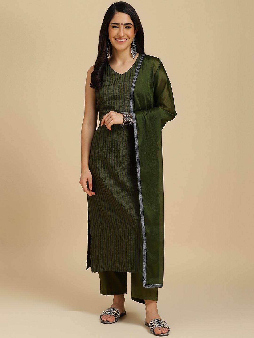 

J Turritopsis Self Design Kurta With Trousers & Dupatta, Green