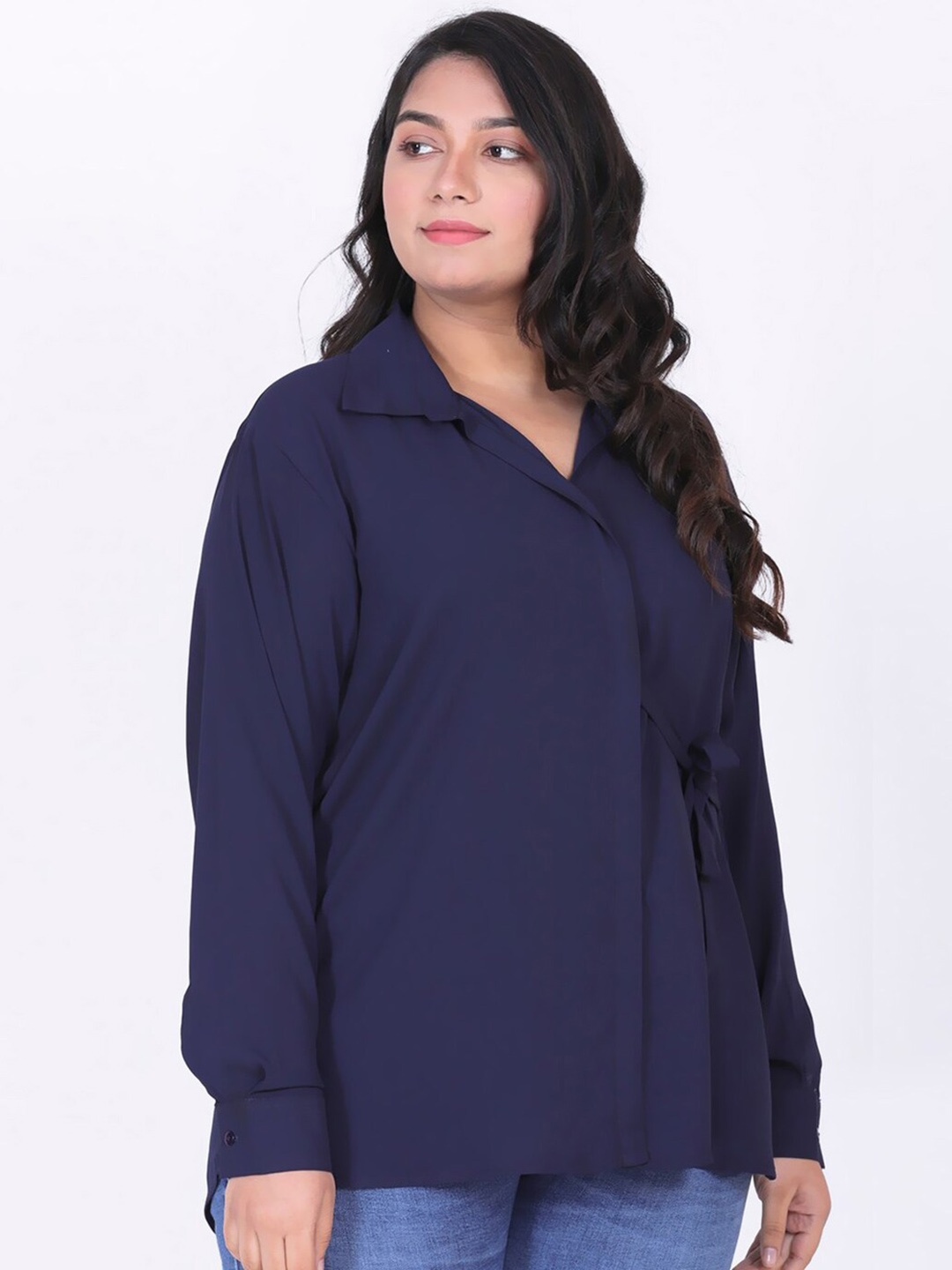 

LastInch Cuffed Sleeves Tie-Ups Georgette Shirt Style Top, Navy blue