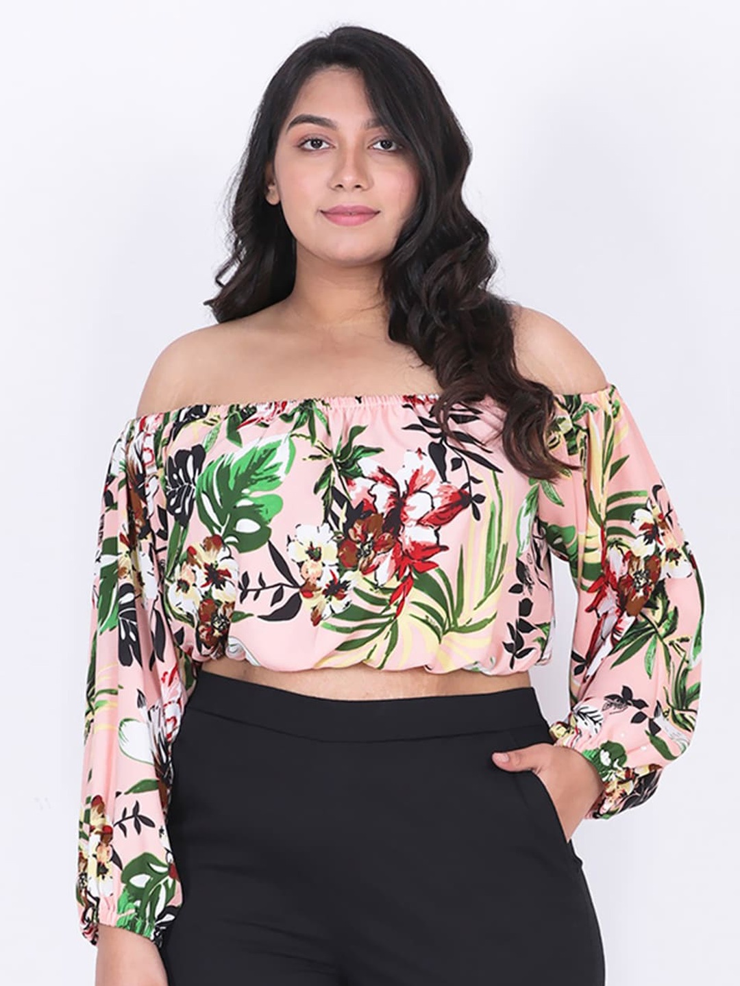 

LastInch Plus Size Floral Printed Off Shoulder Puffed Sleeves Georgette Bardot Crop Top, Pink
