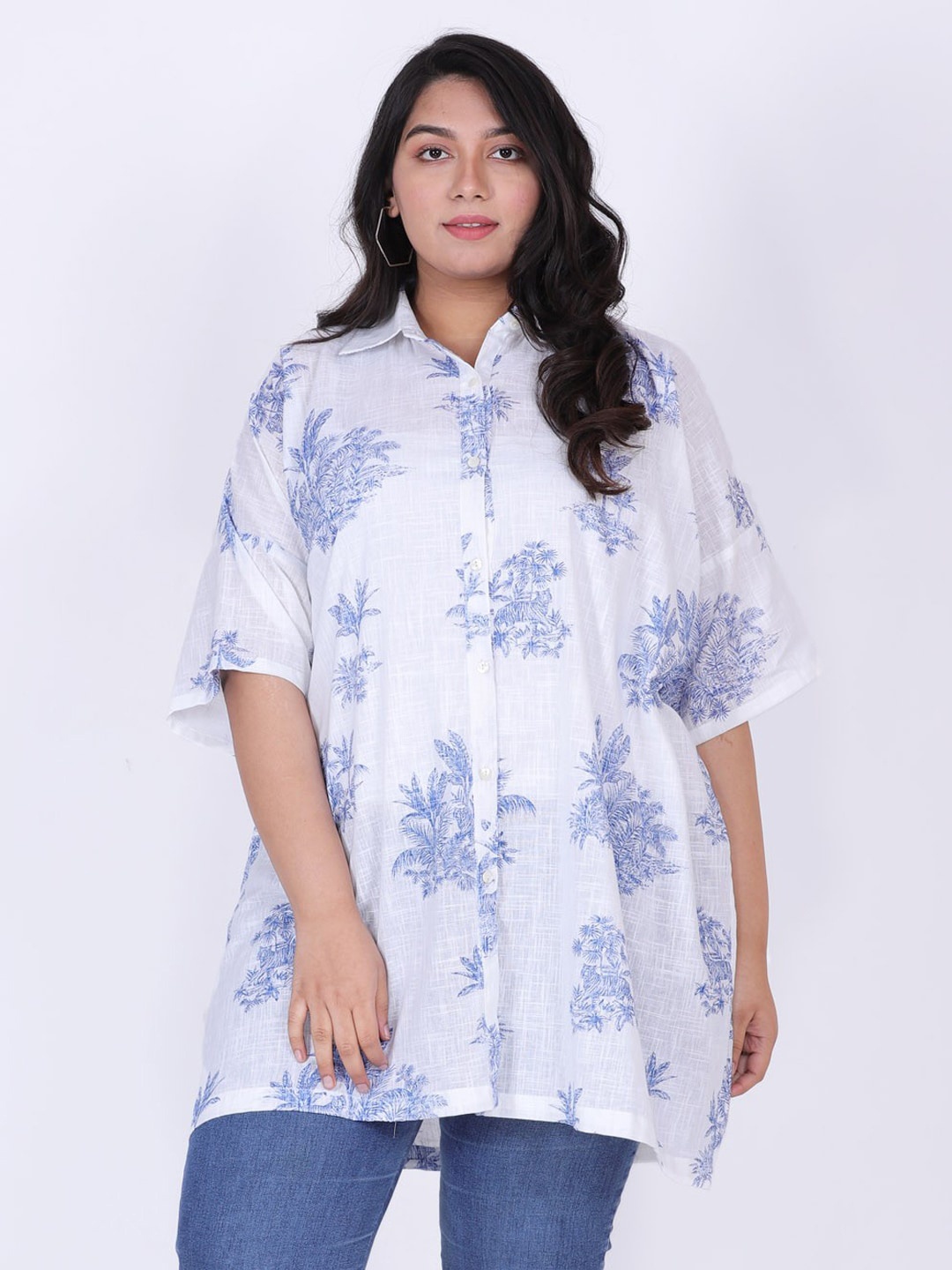 

LastInch Floral Printed Cotton Relaxed Oversized Opaque Shirt, White