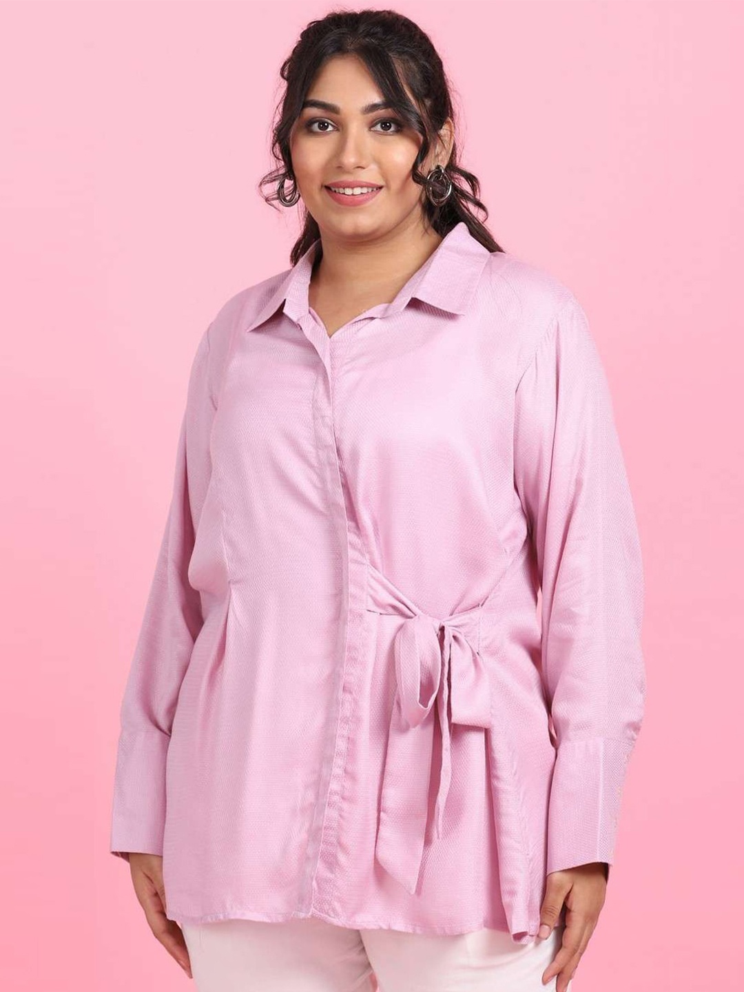 

LastInch Comfort Opaque Pleated Longline Casual Shirt, Pink