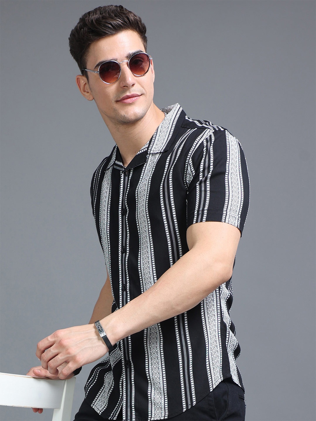 

HERE&NOW Slim Fit Vertical Striped Cuban Collar Casual Shirt, Black