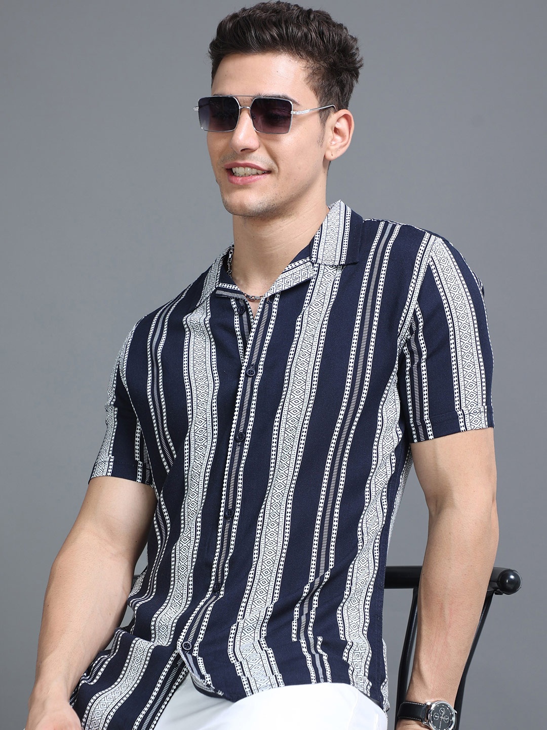 

HERE&NOW Slim Fit Striped Cuban Collar Casual Shirt, Navy blue