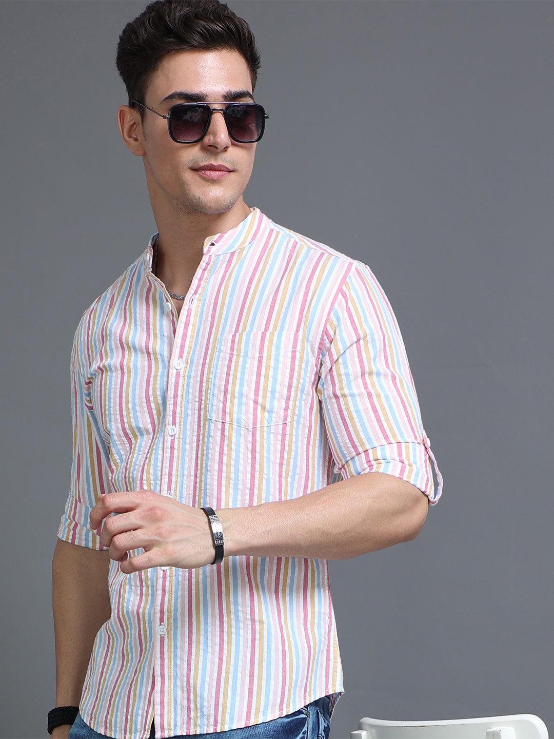 

HERE&NOW Slim Fit Multi Striped Band Collar Cotton Casual Shirt, White