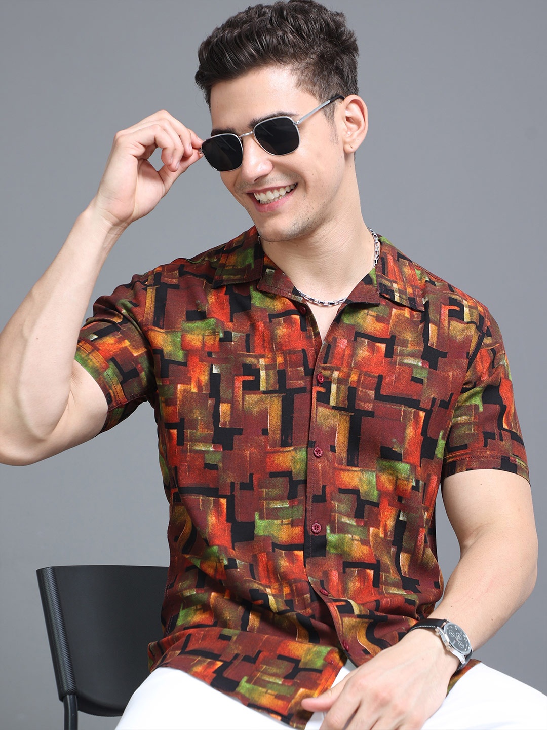 

HERE&NOW Geometric Printed Cuban Collar Slim Fit Casual Shirt, Maroon