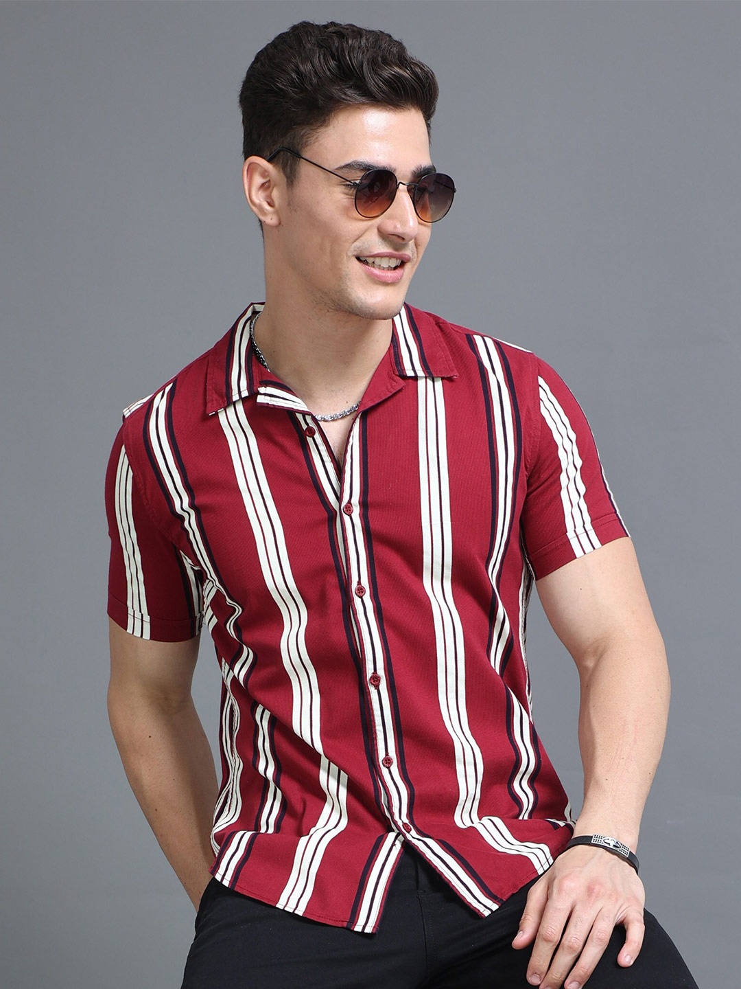 

HERE&NOW Red Slim Fit Vertical Striped Cuban Collar Cotton Casual Shirt
