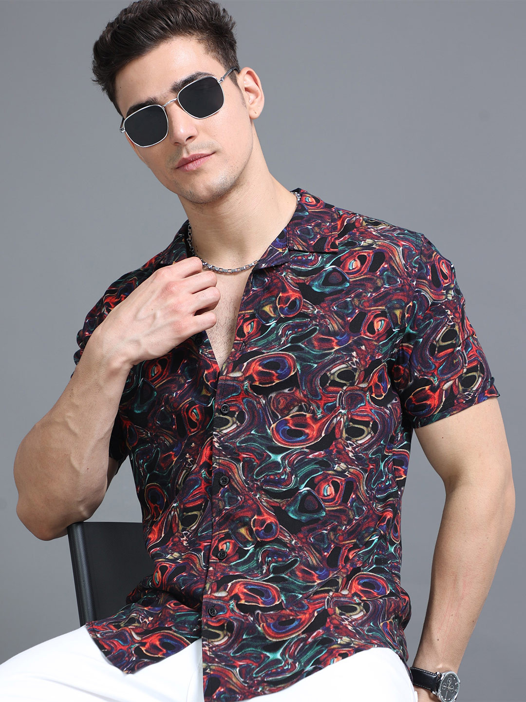 

HERE&NOW Geometric Printed Cuban Collar Slim Fit Casual Shirt, Black