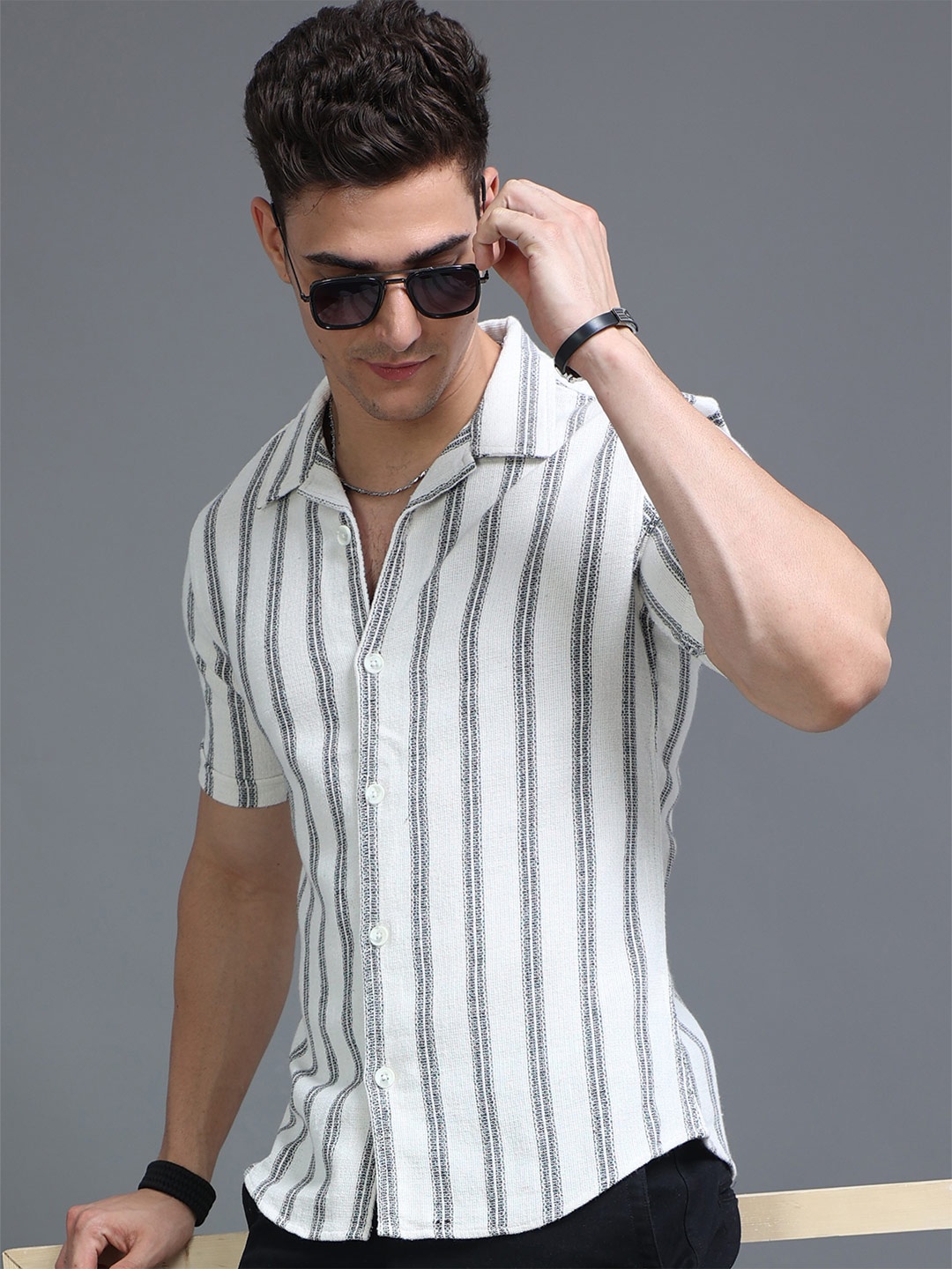 

HERE&NOW Slim Fit Vertical Striped Cuban Collar Cotton Casual Shirt, White