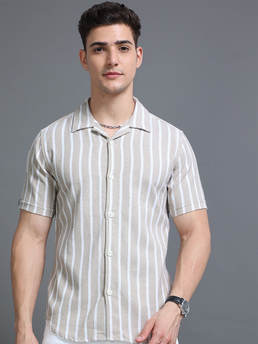 

HERE&NOW Slim Fit Vertical Striped Cuban Collar Cotton Casual Shirt, Beige
