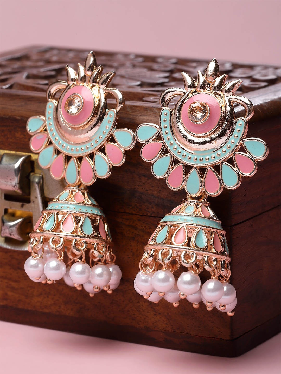 

KARATCART Rose Gold-Plated Meenakari Dome Shaped Jhumkas