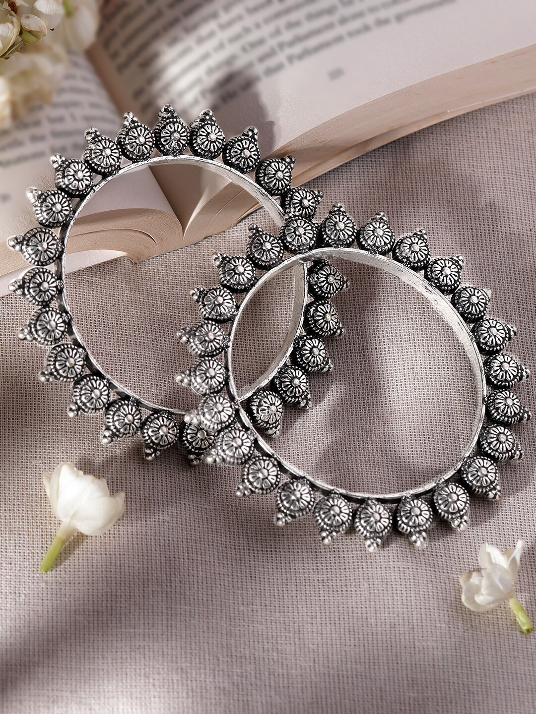 

Rubans Set of 2 Oxidized Silver Plated Floral Design Traditional Bangles