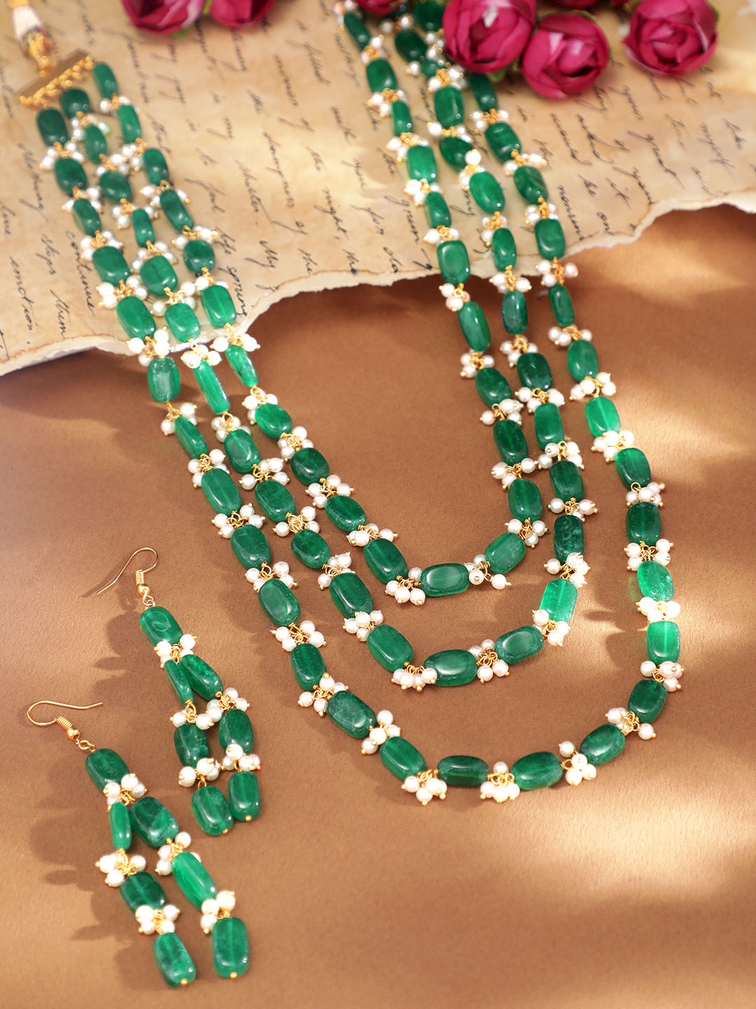 

22K Gold-Plated Handcrafted Green Beaded Multistrand Necklace Set with Pearl Accent