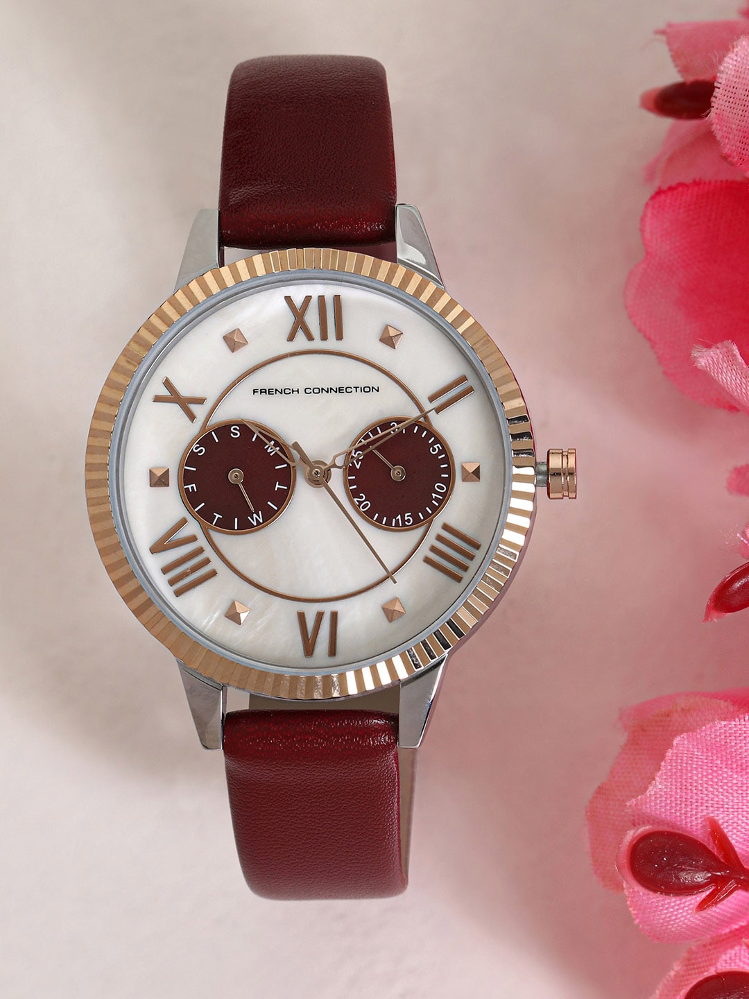 

French Connection Women Embellished Leather Straps Analogue Multi Function Watch FCN00098F, Maroon