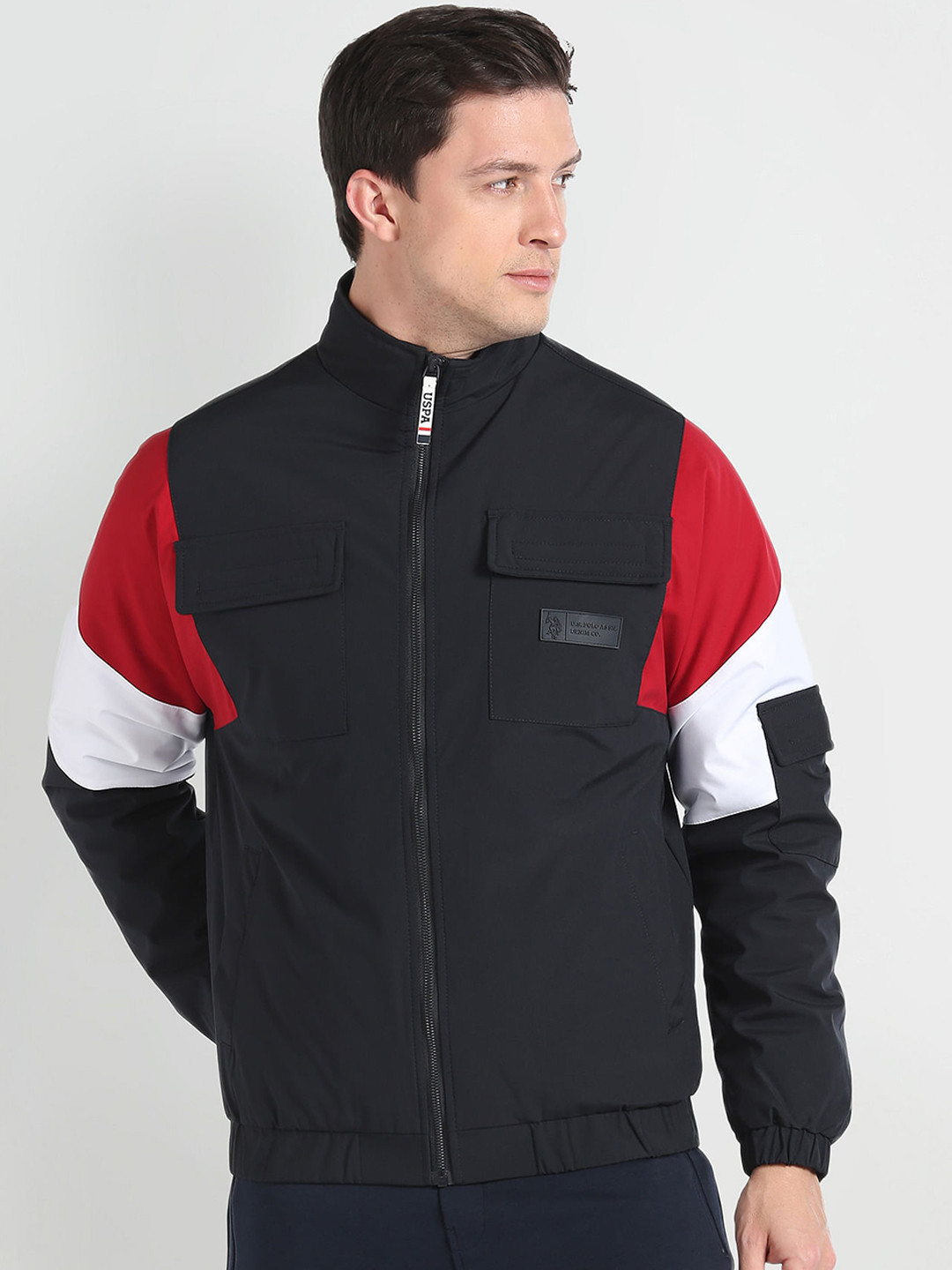 

U.S. Polo Assn. Denim Co. Colourblocked Mock Collar Bomber Jacket, Navy blue