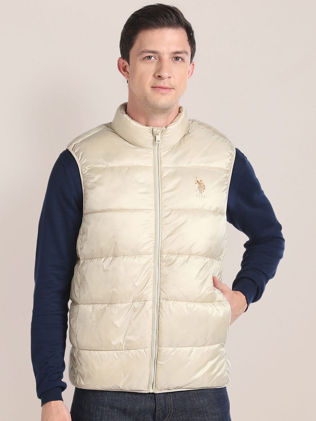 

U.S. Polo Assn. Mock Collar Sleeveless Puffer Jacket, Beige