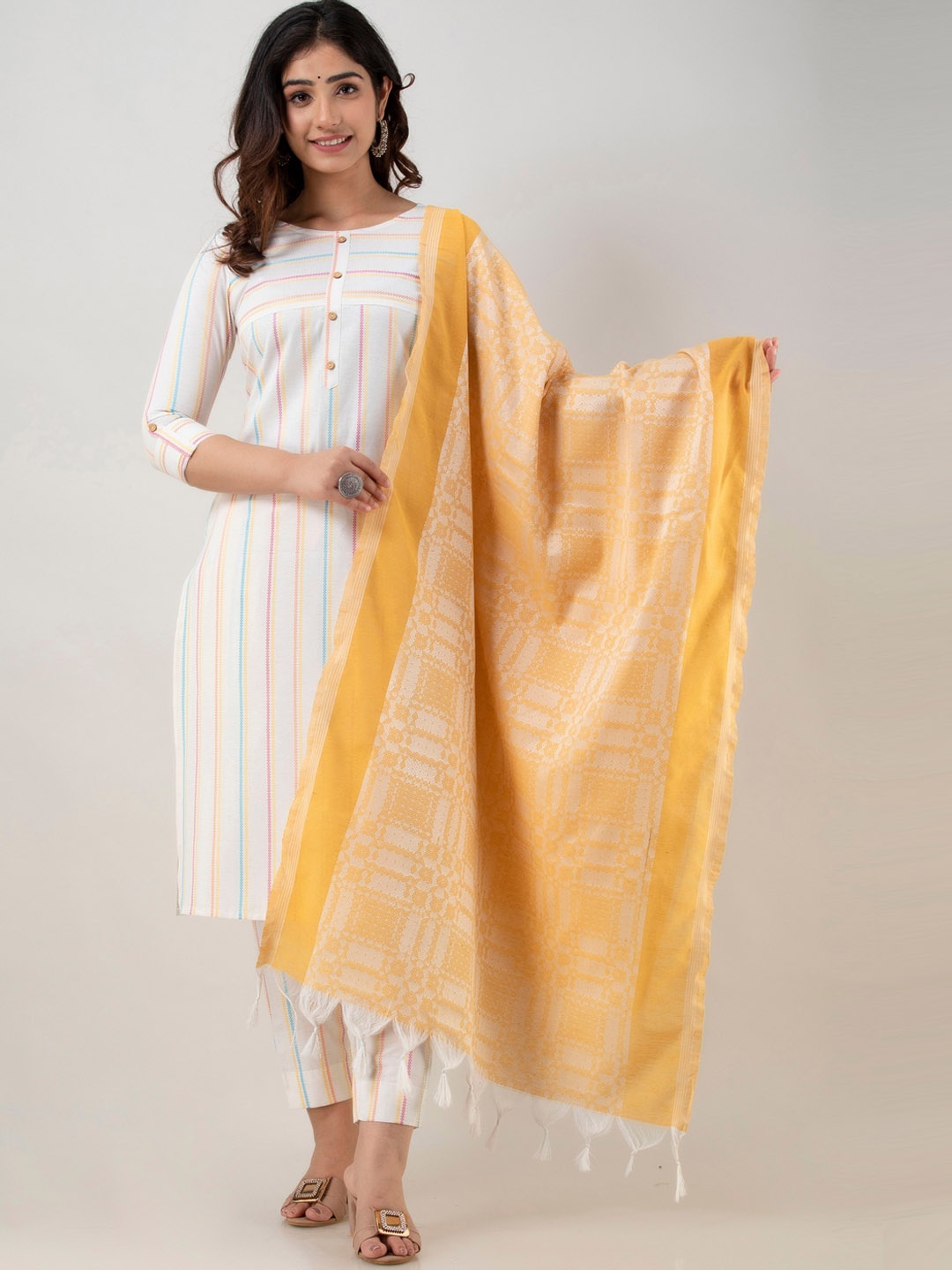 

CKM Striped Regular Kurta With Trousers & Dupatta, Yellow