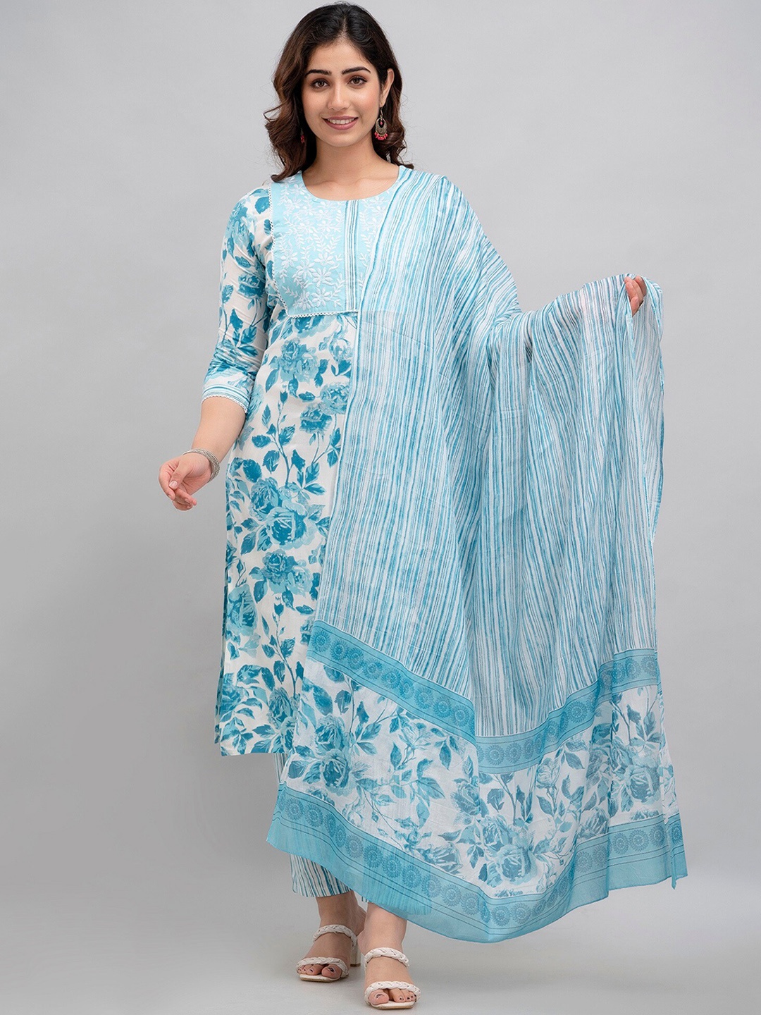 

CKM Floral Printed Regular Pure Cotton Kurta With Trousers & Dupatta, Blue