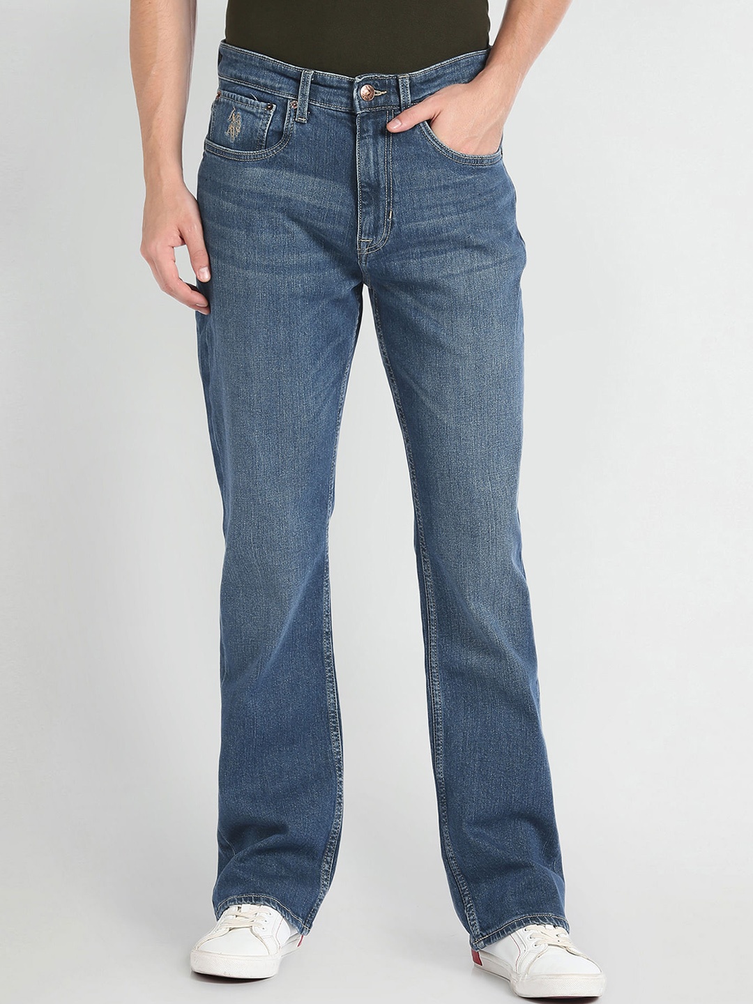 

U.S. Polo Assn. Denim Co. Men Bootcut Light Fade Whiskers & Chevrons Stretchable Jeans, Blue