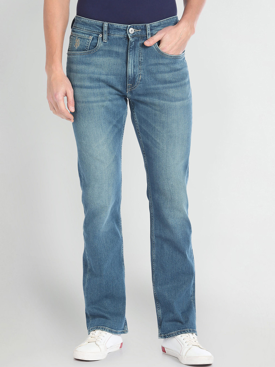 

U.S. Polo Assn. Denim Co. Men Bootcut Light Fade Whiskers & Chevrons Stretchable Jeans, Blue
