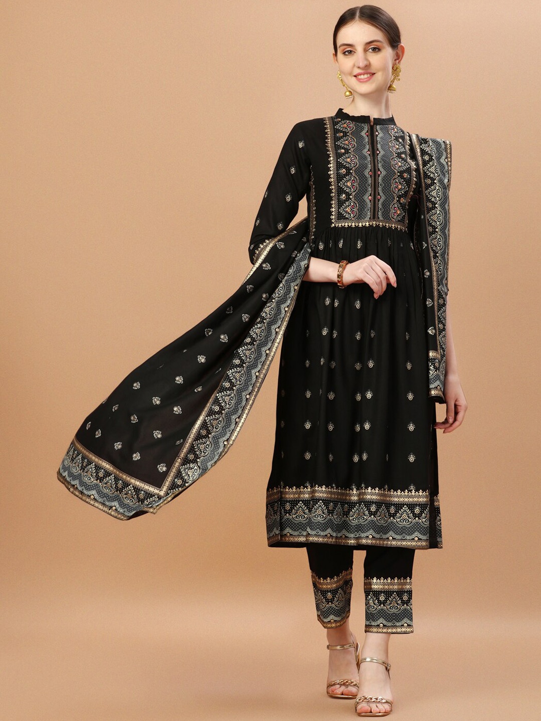 

Berrylicious Ethnic Motifs Printed Mirror Work Straight Kurta with Trouser & Dupatta, Black