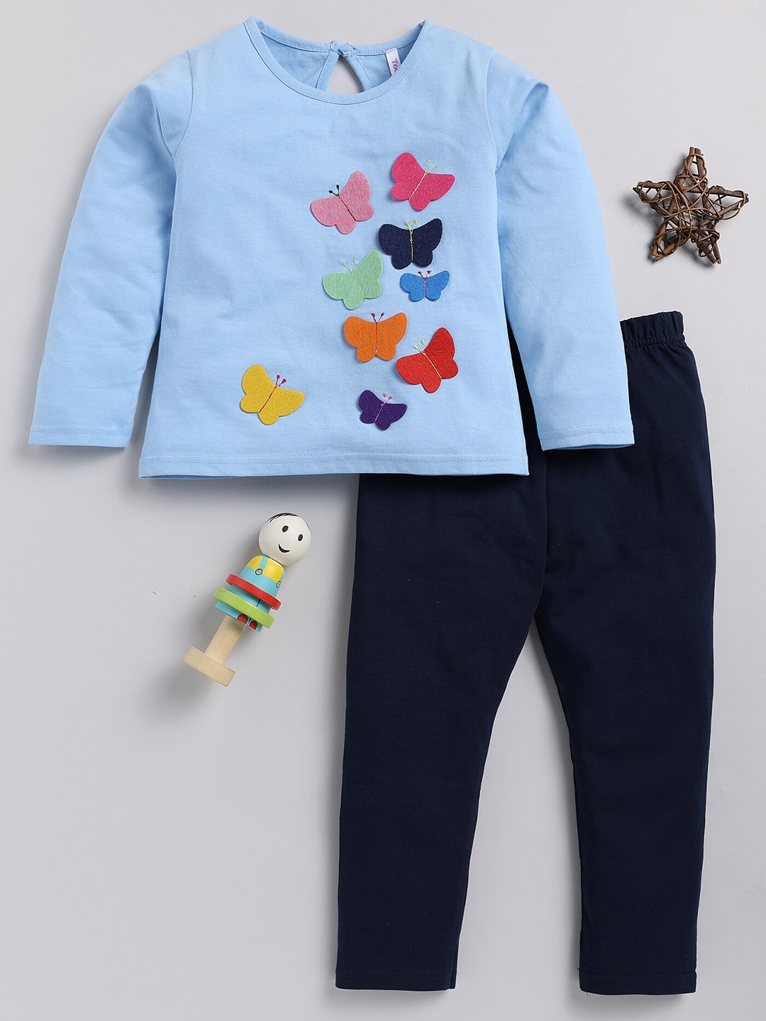 

Toonyport Girls Self Design Pure Cotton T-Shirt With Trousers, Blue