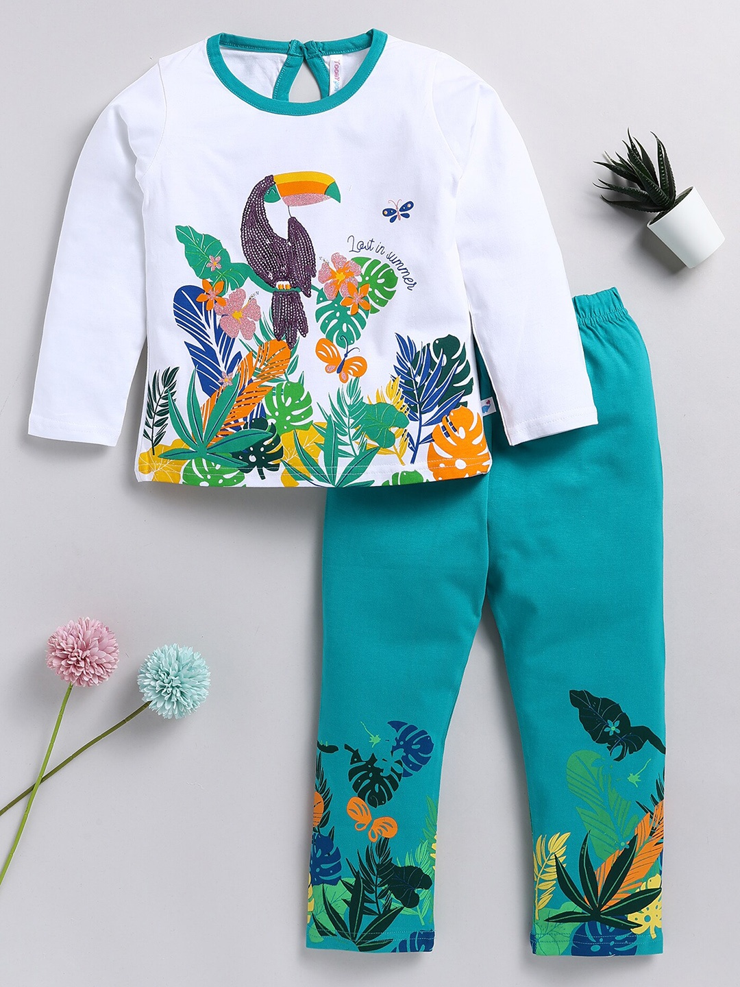 

Toonyport Girls Graphic Printed Pure Cotton Top With Trousers, White