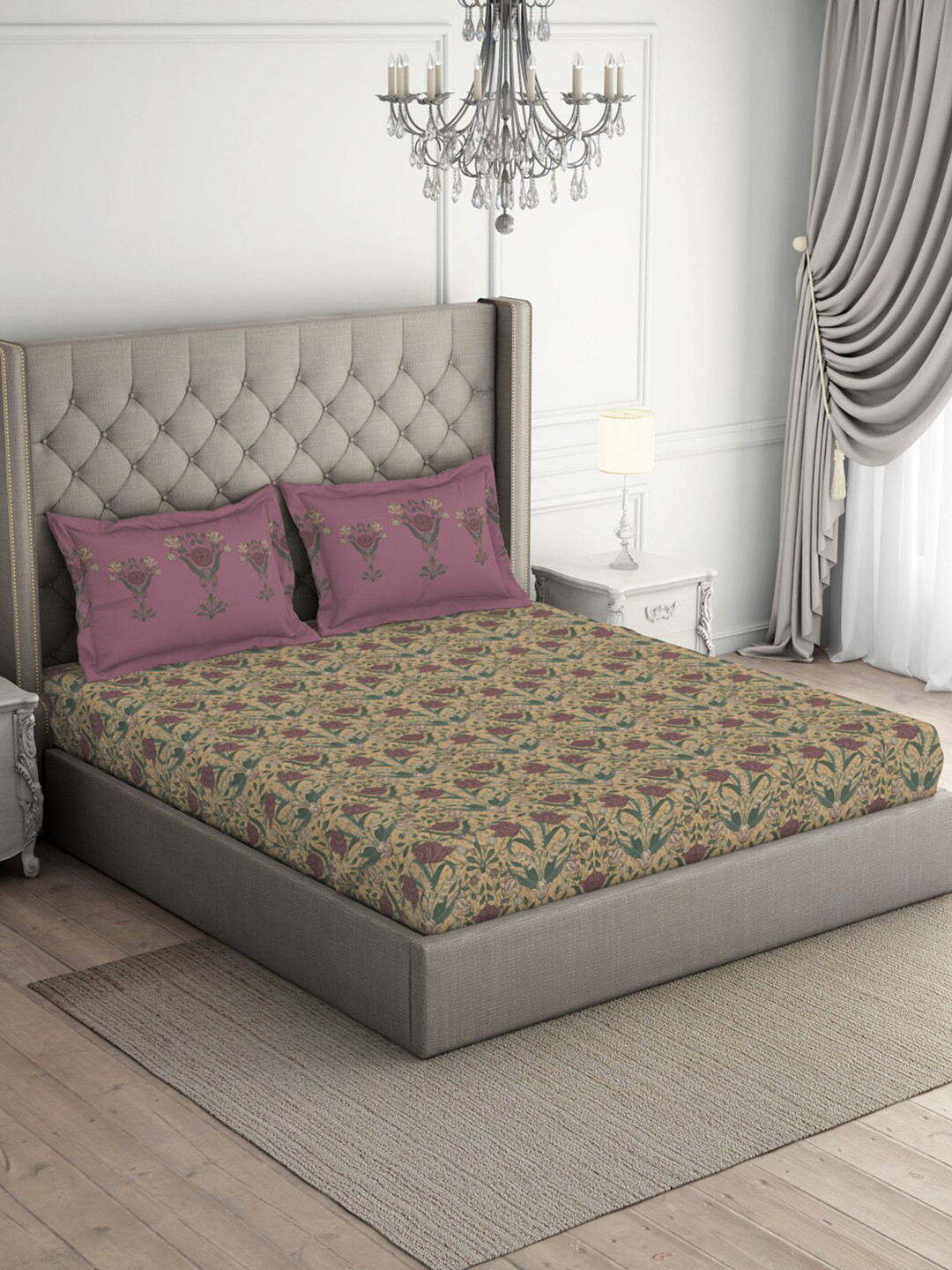 

SPACES Beige & Purple Ethnic Motifs Cotton 140 TC Queen Bedsheet With 2 Pillow Covers