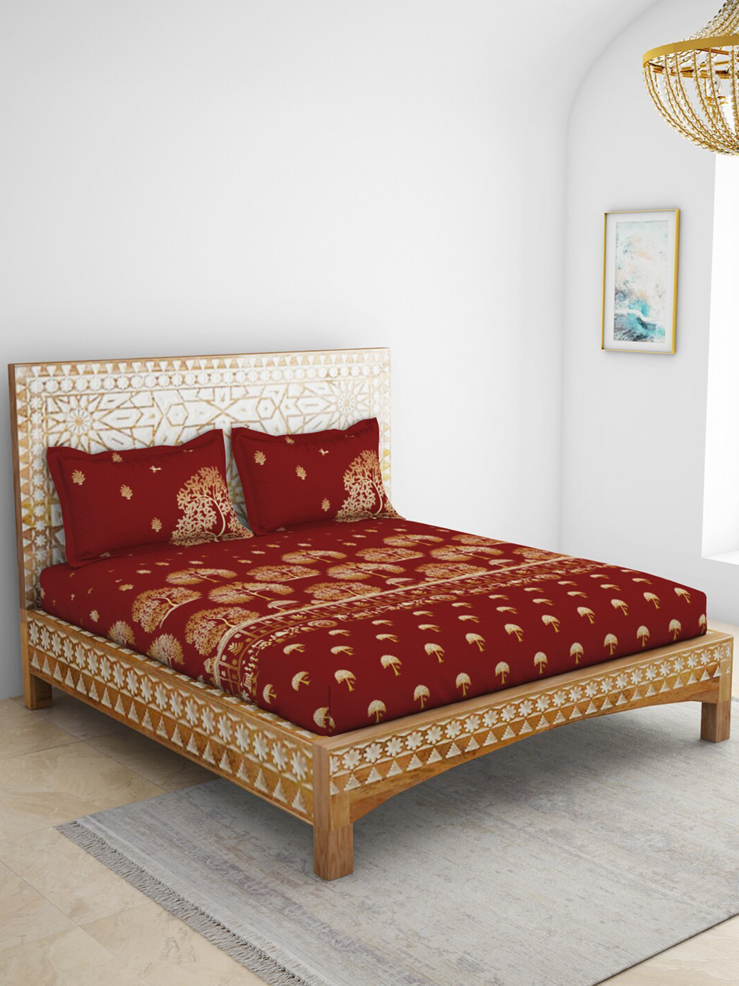 

SPACES Red & Yellow Ethnic Motifs Cotton 210 TC King Bedsheet With 2 Pillow Covers