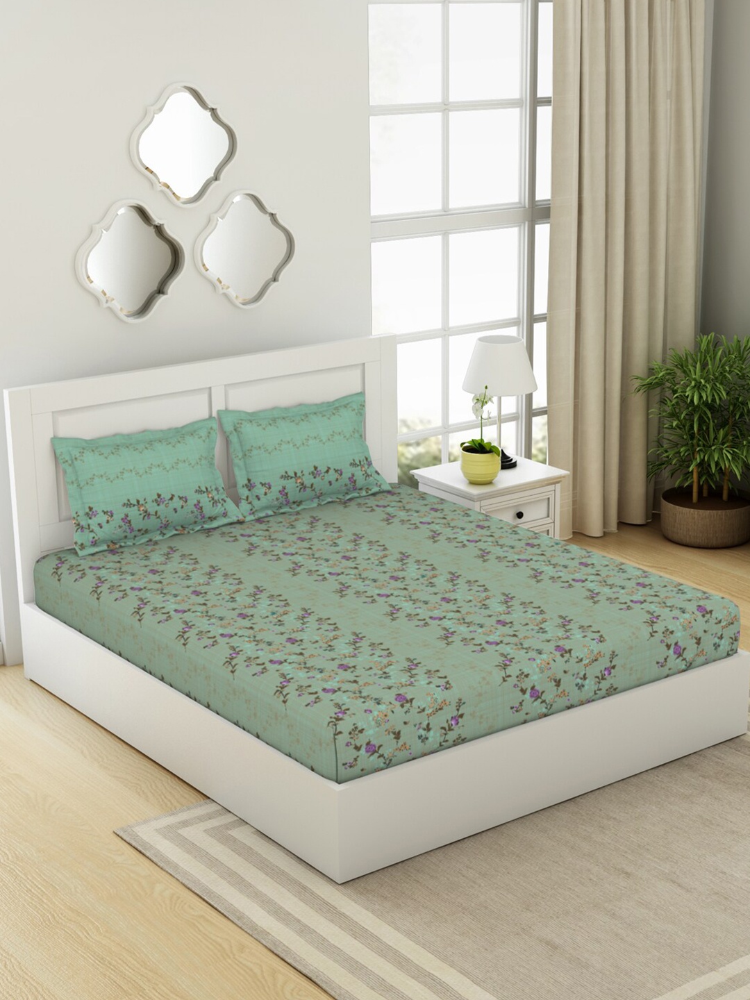 

SPACES Lattice Blue & Purple Floral Pure Cotton 144 TC King Bedsheet & 2 Pillow Covers