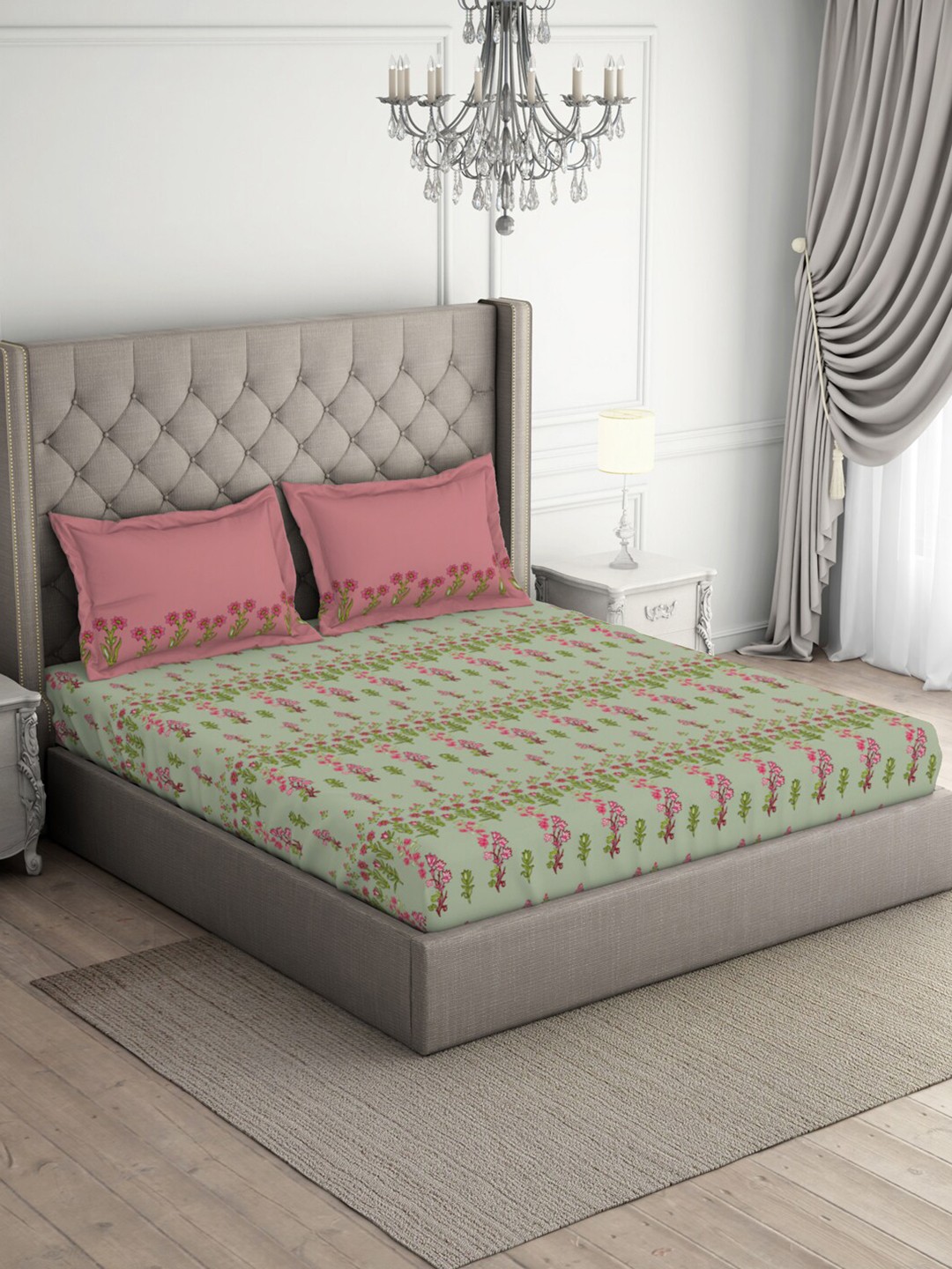 

SPACES Queens Garden Green Floral Pure Cotton140 TC Queen Bedsheet & 2 Pillow Covers