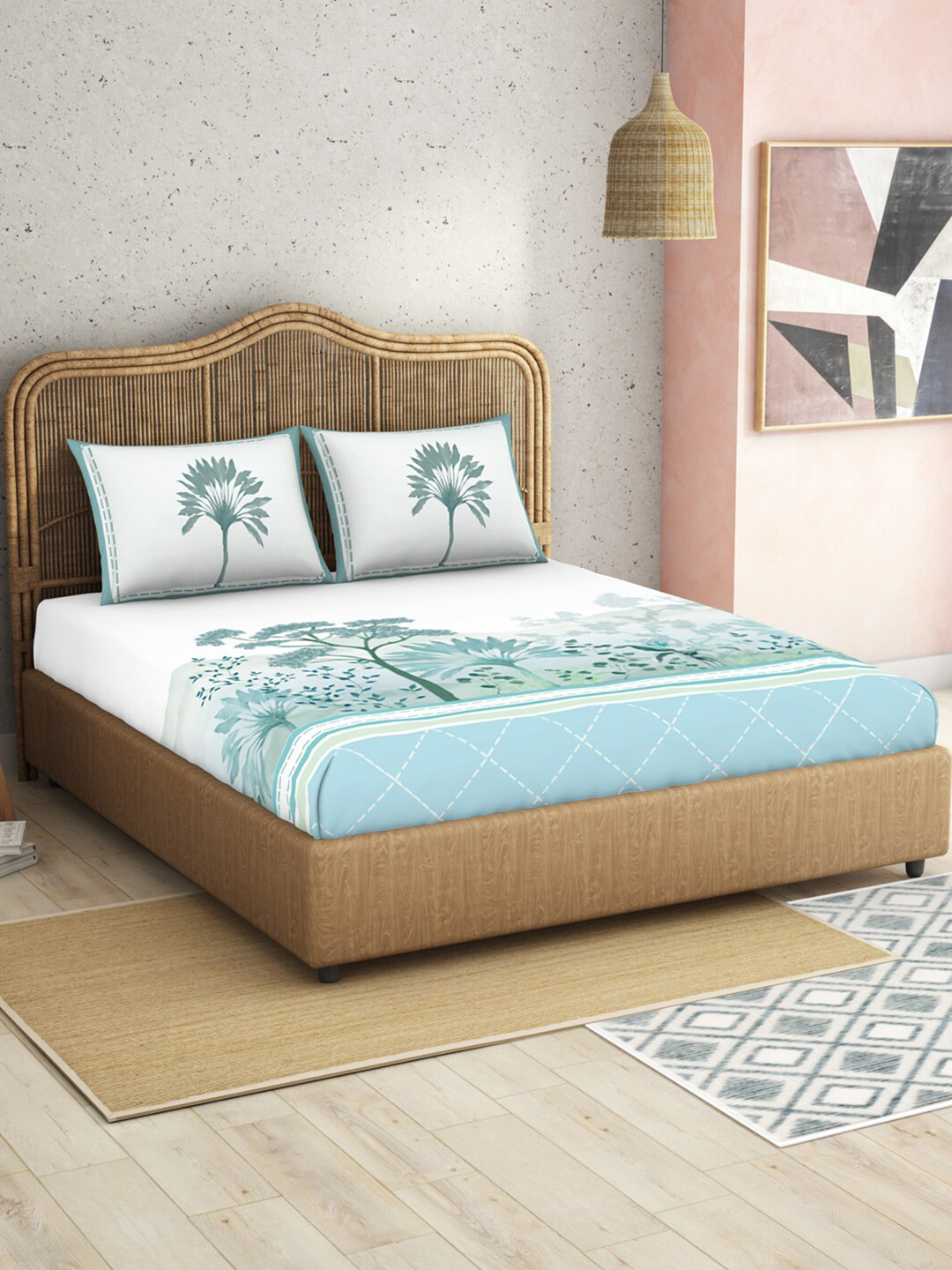 

SPACES Kalakari Haath Teal Green Print Pure Cotton 210 TC King Bedsheet & 2 Pillow Covers