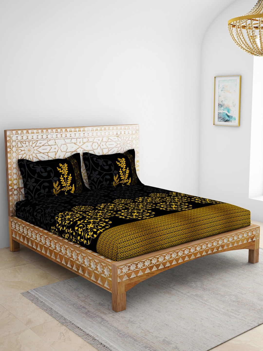 

SPACES Black & Yellow Floral Pure Cotton 210 TC King Bedsheet with 2 Pillow Covers