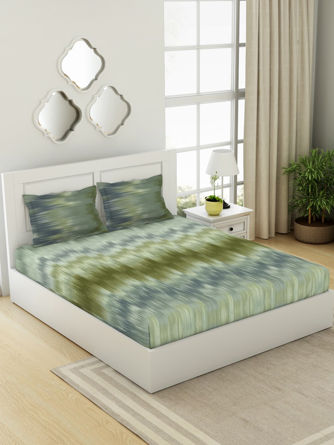 

SPACES Ikkat Green & Blue Printed Pure Cotton 144 TC King Bedsheet with 2 Pillow Covers