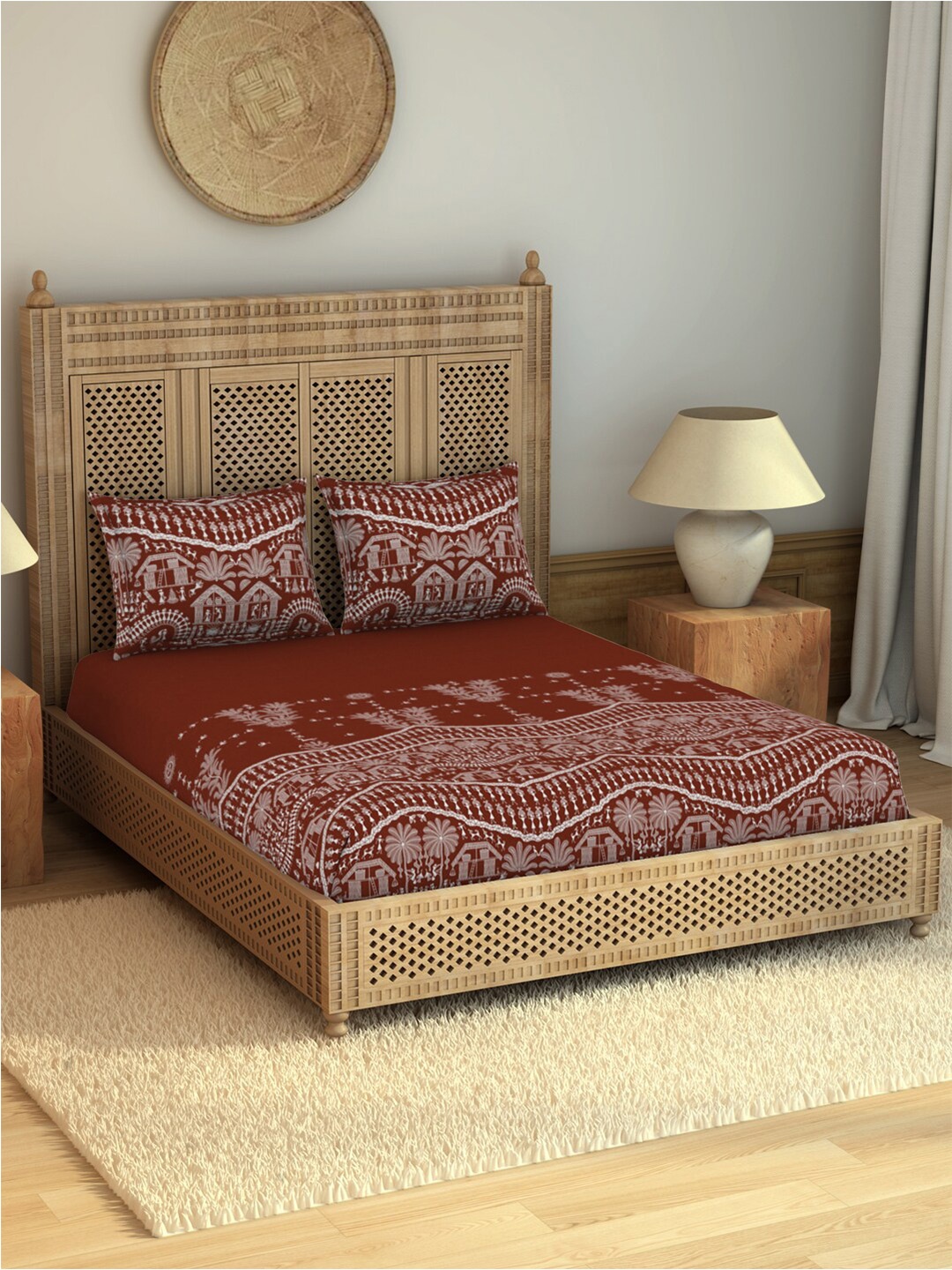 

SPACES Warli Orange & White Printed Cotton 210 TC King Bedsheet with 2 Pillow Covers
