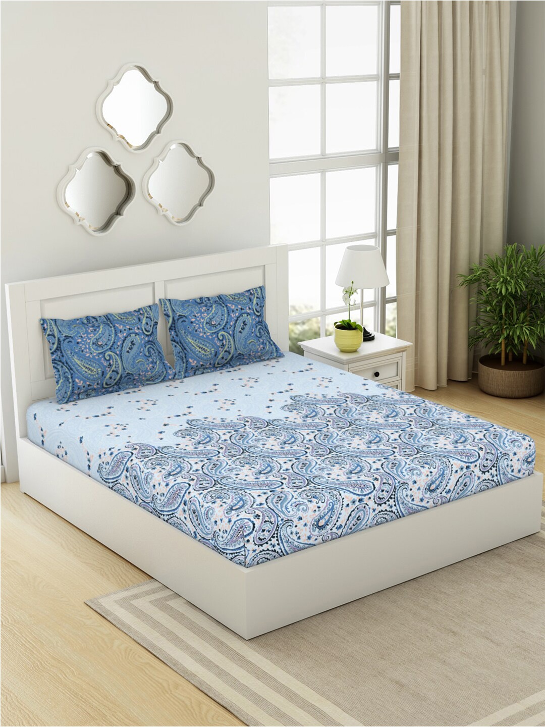 

SPACES Bohemia Blue & White Printed Cotton 144 TC Queen Bedsheet with 2 Pillow Covers