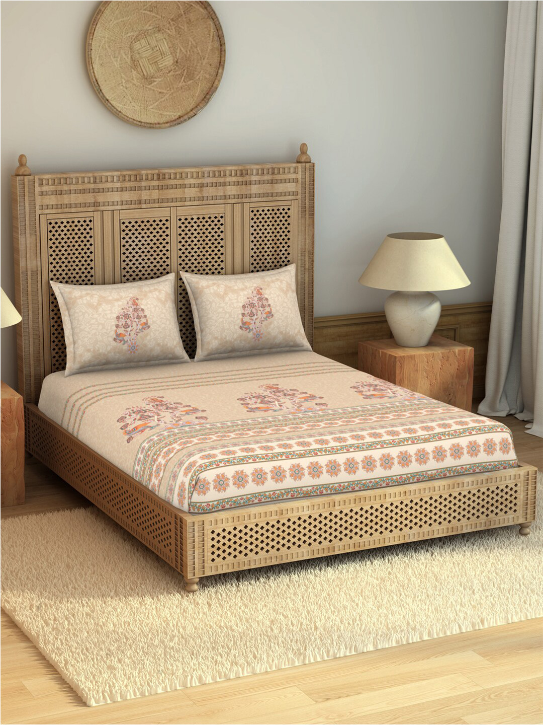

SPACES Kalamkari Beige & Pink Printed Cotton 210 TC King Bedsheet with 2 Pillow Covers