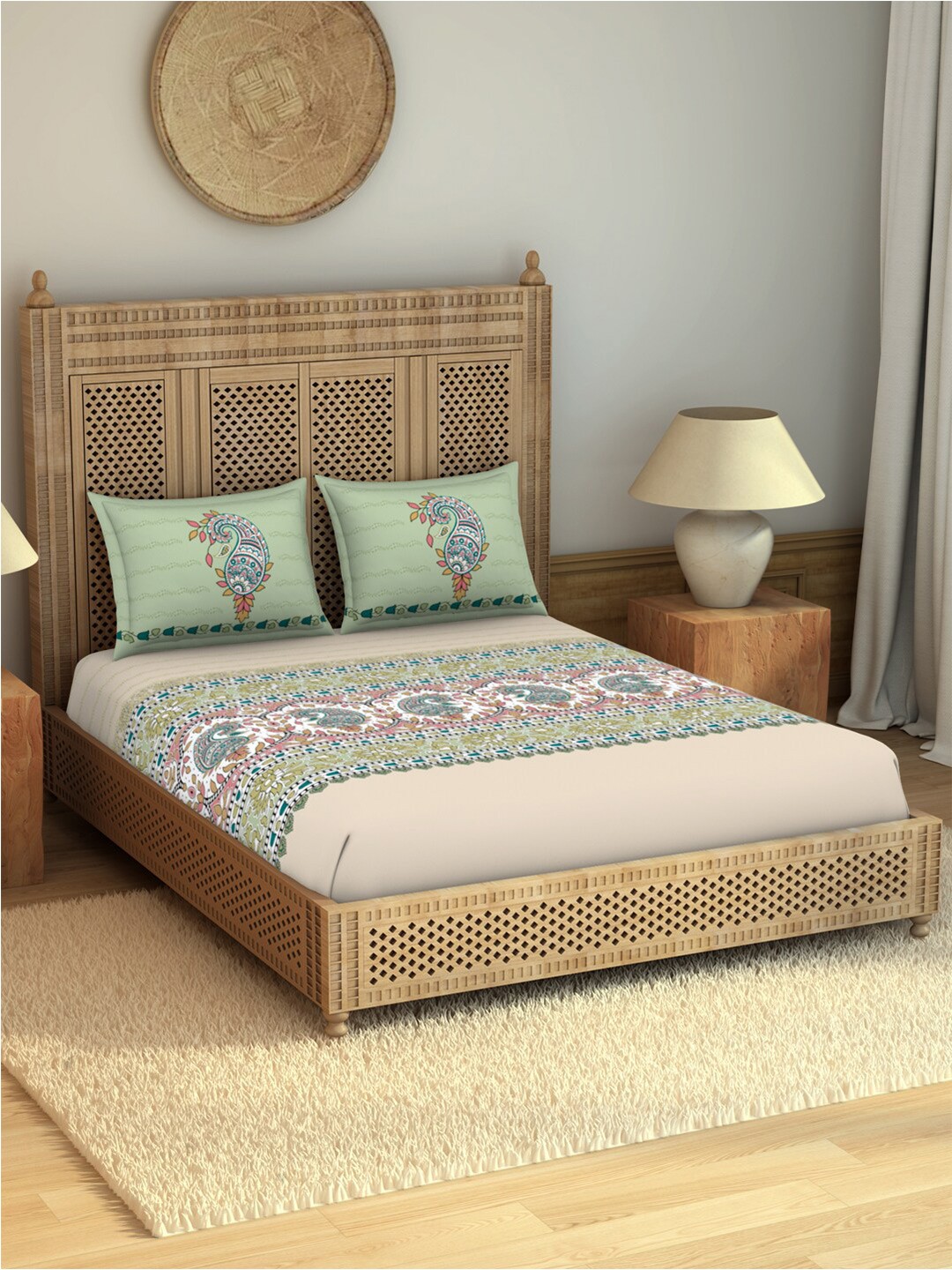 

SPACES Kalamkari Cream-Coloured Pure Cotton 210 TC Super King Bedsheet & 2 Pillow Covers