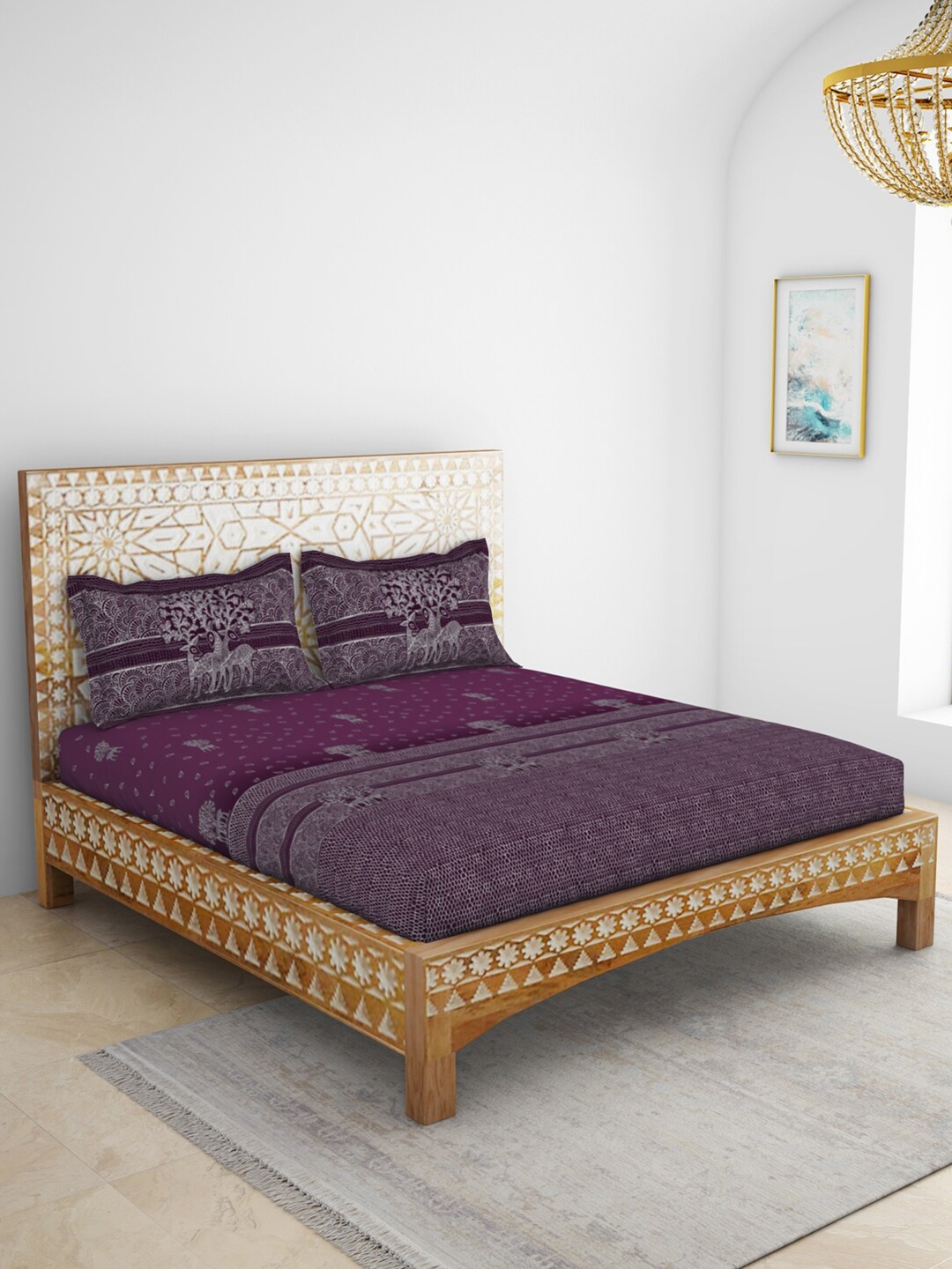 

SPACES Gond Art Violet & White Printed Cotton 210 TC King Bedsheet with 2 Pillow Covers