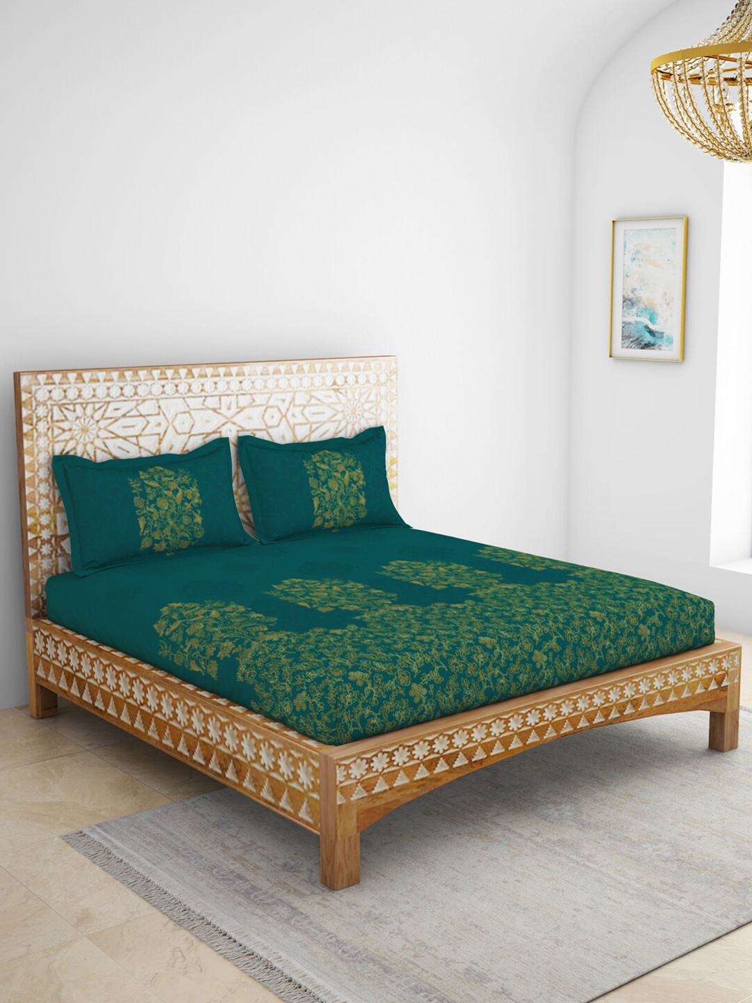 

SPACES Teal & Green Ethnic Motifs Cotton 210 TC King Bedsheet With 2 Pillow Covers