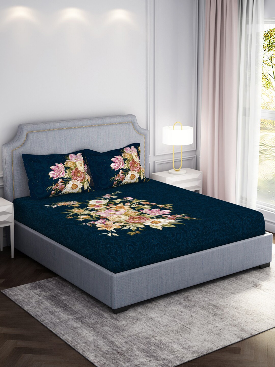 

SPACES Blue & Green Floral Cotton 210 TC King Bedsheet With 2 Pillow Covers