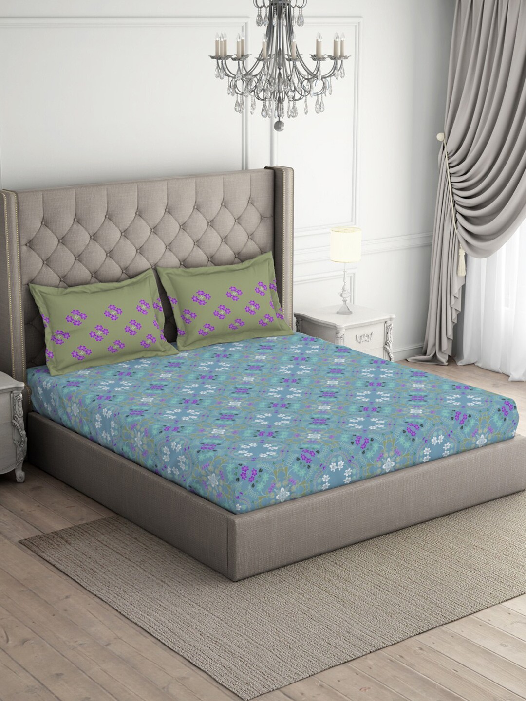 

SPACES Blue & Purple Ethnic Motifs Cotton 140 TC Queen Bedsheet With 2 Pillow Covers