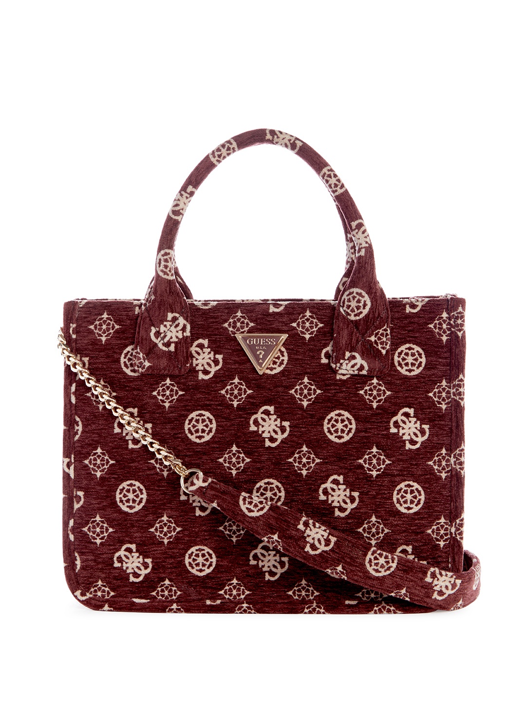 

GUESS Brand Logo Printed Structured Handheld Bag, Burgundy